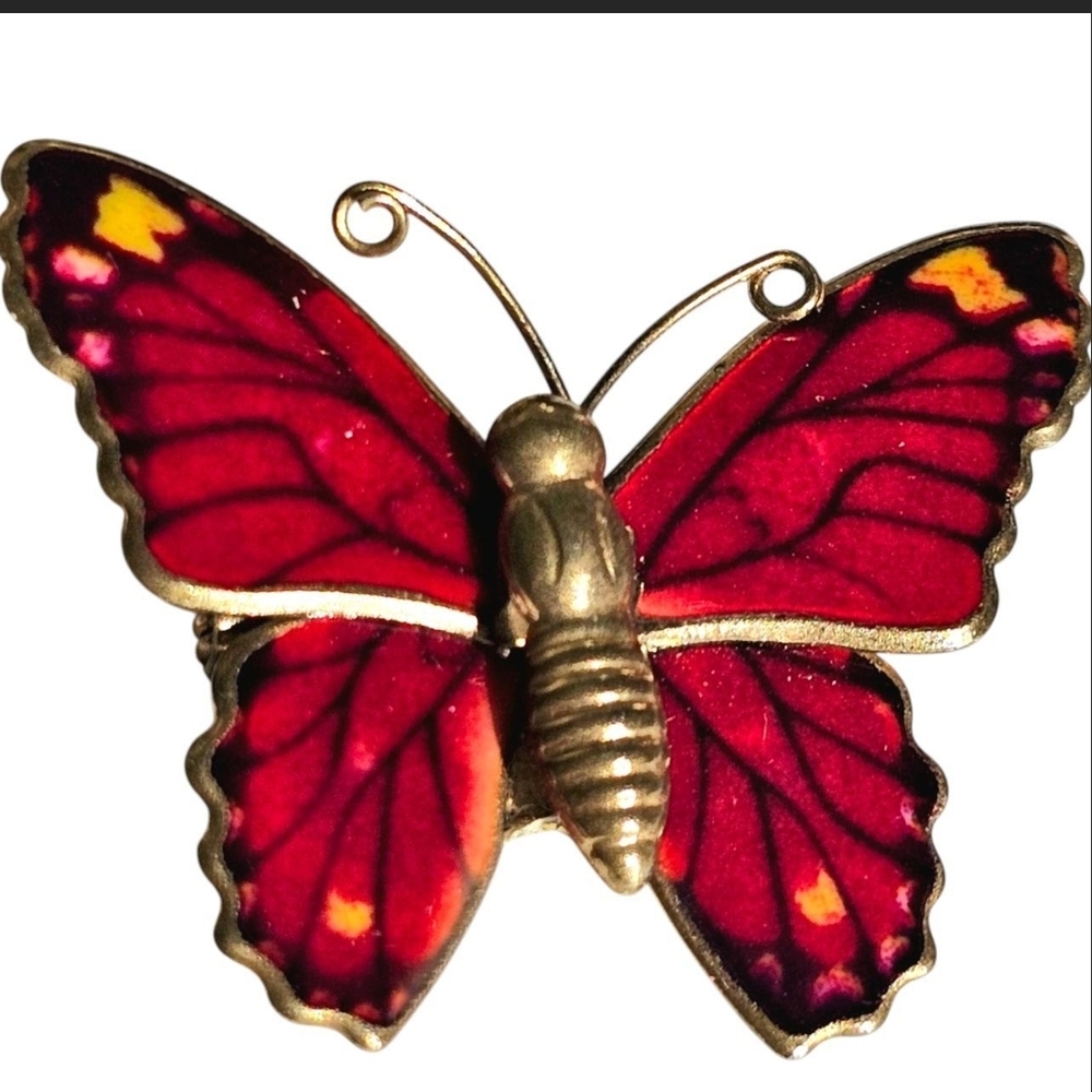 Vintage 1980's Butterfly Brooch with Red, Black and Yellow Enamel
